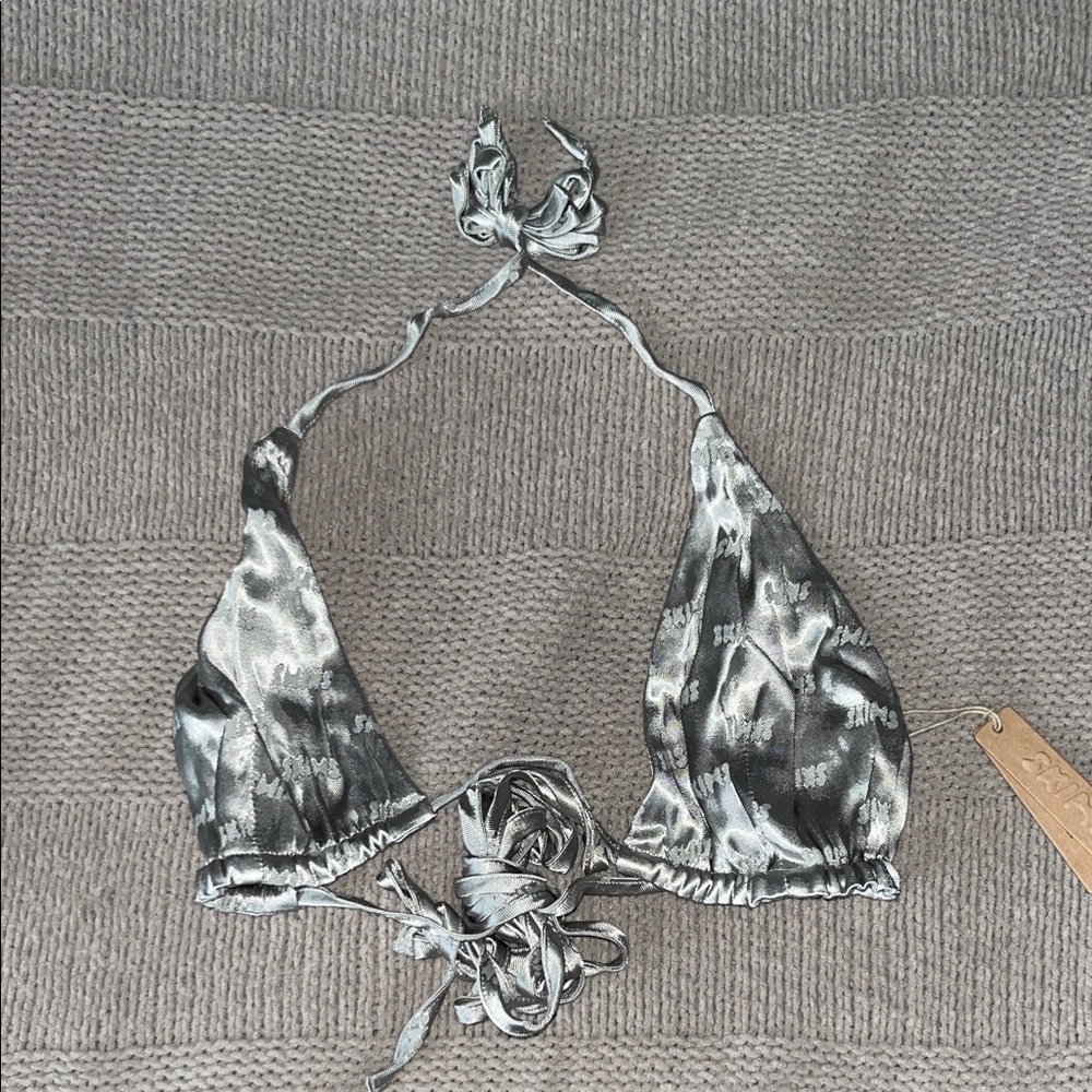 SKIMS Silver Satin Triangle Bikini Top